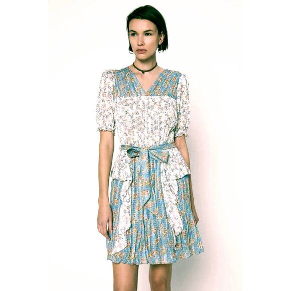 Anthropologie Current Air Los Angeles crinkle ruffle puff sleeve dress L large - Picture 13 of 13